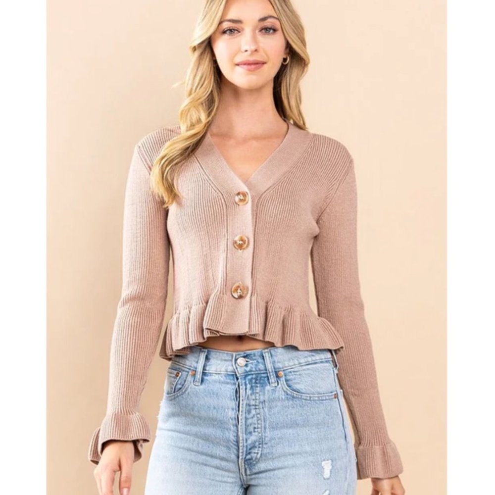 NWT TCEC Tan Ruffle Long Sleeve Crop Cardigan Sweater
